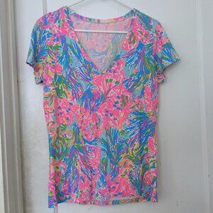 Lilly Pulitzer Etta V-Neck Short Sleeve T-Shirt Pink Blue Size M